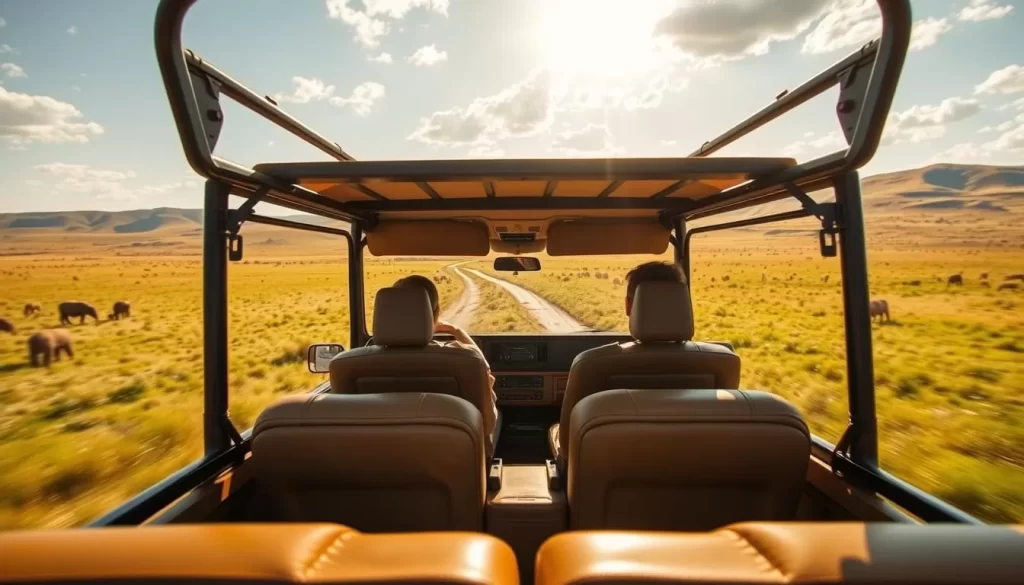 A pristine Masai Mara safari vehicle traversing the sun-dappled savanna, its rugged frame and open-air design blending seamlessly with the lush, rolling hills in the distance. Gently worn leather seats invite exploration, while the expansive windshield offers a panoramic view of the vibrant wildlife that roams the grasslands. Warm, golden light filters through the vehicle, casting a welcoming glow and hinting at the incredible adventures that await. The vehicle's sturdy, reliable presence evokes a sense of excitement and anticipation, ready to embark on a captivating journey through the heart of this magnificent Kenyan reserve.