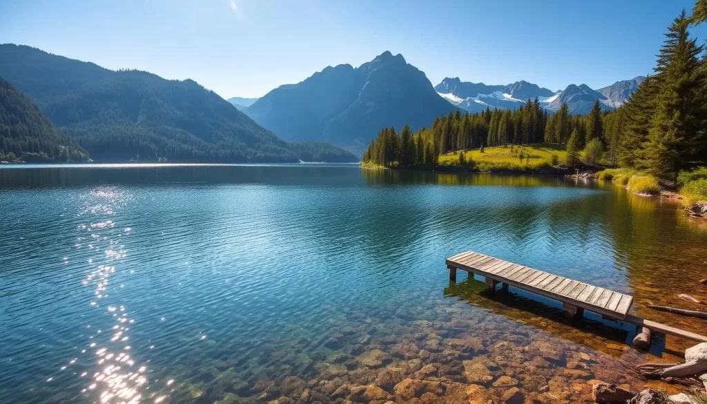 A pristine alpine lake nestled among verdant hills and towering peaks, its crystal-clear waters reflecting the surrounding forest and sky. Sunlight dances across the surface, creating a mesmerizing play of light and shadow. In the foreground, a small wooden dock juts out into the tranquil waters, inviting exploration. The middle ground features lush, evergreen trees lining the shoreline, their branches swaying gently in a light breeze. In the distance, majestic mountains rise, their snow-capped summits reaching towards the heavens. A sense of serene isolation and untouched natural beauty pervades the scene, transporting the viewer to a hidden corner of Carinthia, Austria.