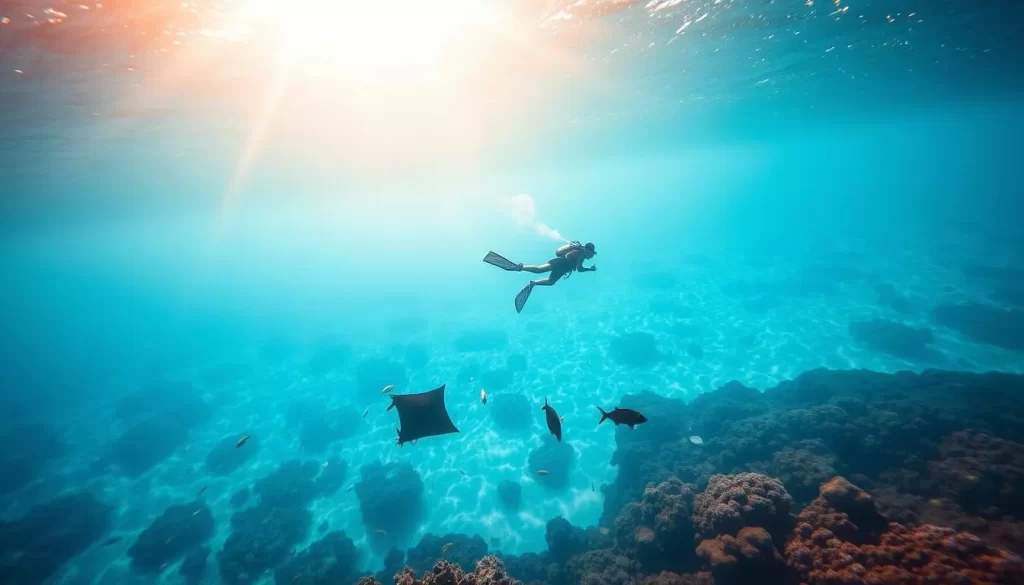A pristine azure ocean, its calm waves gently lapping against the pristine white sand of Mabul Island's shoreline. A diver, gracefully descending into the crystal-clear waters, surrounded by a vibrant underwater world teeming with marine life. Rays and schools of tropical fish dart through the sunlit depths, while nearby coral reefs burst with colors. Warm, golden sunlight filters through the surface, casting a serene glow over the entire scene. The diver's movements are captured in sharp focus, their silhouette cutting through the water with effortless precision. The overall mood is one of tranquility, inviting the viewer to experience the beauty and serenity of this premier dive destination.