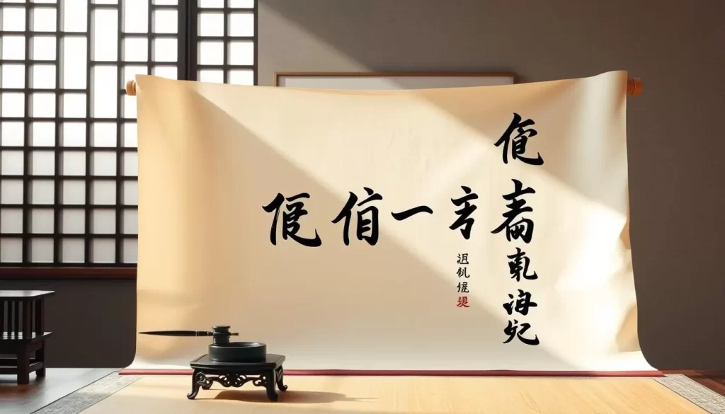 A pristine calligraphic scroll unfurls, showcasing the graceful strokes and harmonious structure of Mandarin Chinese characters. The delicate paper is illuminated by soft, diffused natural light filtering through a latticed window, casting subtle shadows that accentuate the depth and texture. In the foreground, a traditional scholar's desk holds an inkstone, brush, and ink, hinting at the thoughtful, contemplative nature of the language. The middle ground features a tranquil landscape painting, evoking the cultural richness and artistic traditions that have shaped Mandarin Chinese. The background blends seamlessly, with muted tones and minimalist design elements that allow the calligraphy to take center stage, showcasing the beauty and significance of the official language of Taiwan.