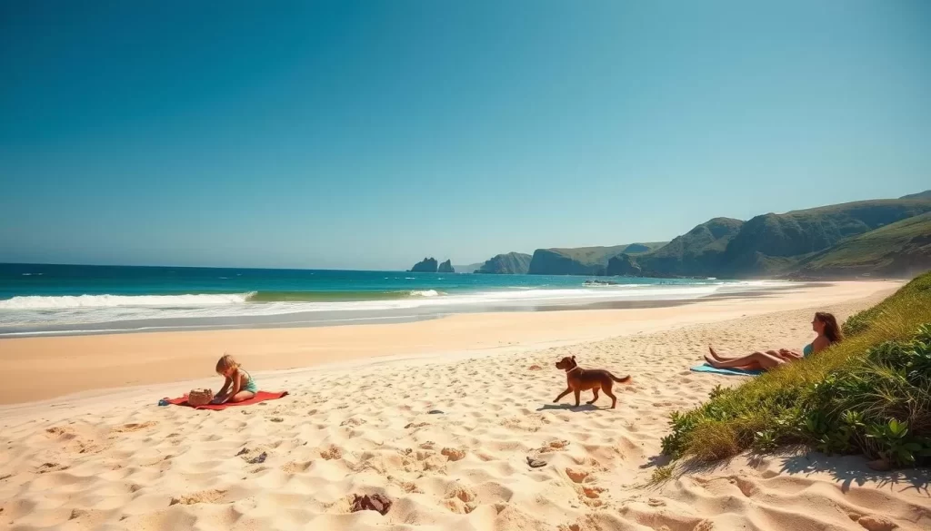 A pristine sandy beach with gently lapping waves under a clear, azure sky. In the foreground, a family enjoying the tranquil atmosphere - a young child building a sandcastle, parents relaxing on beach towels, and a playful dog frolicking nearby. The middle ground reveals a picturesque coastline, with lush green vegetation lining the shore. In the distance, rugged cliffs and rolling hills create a breathtaking backdrop. The scene is bathed in warm, golden sunlight, capturing the serene, family-friendly ambiance of this idyllic coastal paradise.