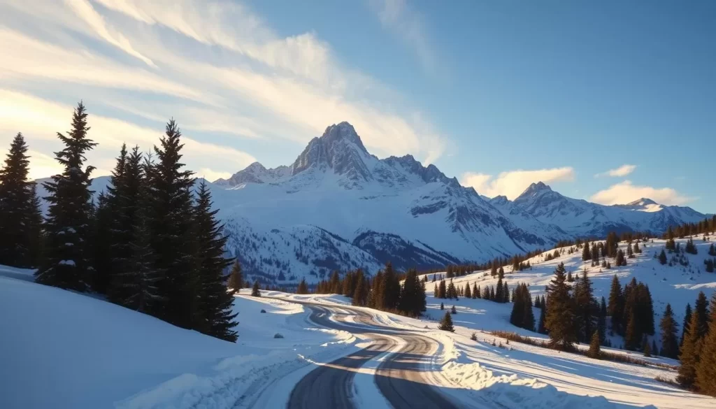 A pristine, snow-capped mountain range stands tall against a crisp, azure sky. In the foreground, a winding path leads through a serene, snow-dusted landscape, flanked by towering evergreen trees. Warm, golden sunlight filters through wispy clouds, casting a soft, ethereal glow over the scene. The rugged peaks in the distance rise majestically, their jagged edges sculpted by the elements. This idyllic winter wonderland evokes a sense of tranquility and invites the viewer to imagine the peaceful, restorative experience of visiting Planken during the best times of the year.