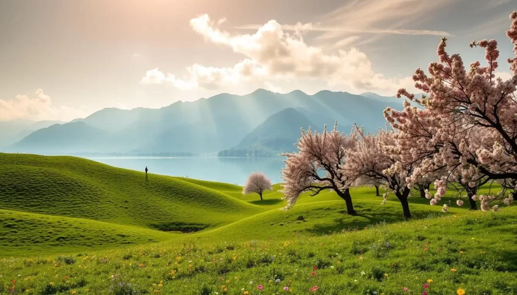A pristine spring day in the serene landscapes of Kashmir, India. Rolling green hills dotted with vibrant wildflowers sway gently in the refreshing breeze. Pristine snow-capped peaks of the Himalayas tower majestically in the distance, their reflection mirrored in a tranquil lake. Lush apple orchards burst with delicate pink blossoms, casting a dreamy haze over the idyllic scene. Warm, soft sunlight filters through wispy clouds, illuminating the vibrant colors and natural beauty of this scenic region during its most picturesque season. A sense of peace and renewal pervades the atmosphere, inviting the viewer to fully immerse themselves in the splendor of spring in Kashmir.