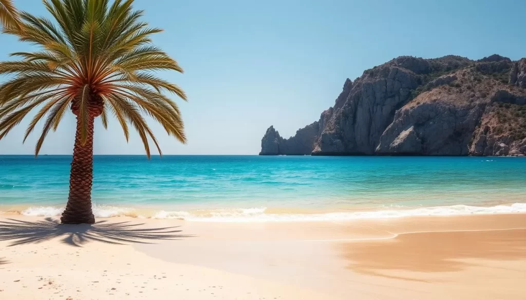 A pristine, sun-drenched beach on Orak Adas Island, Turkey. Turquoise waters gently lap against the soft, golden sand. Lush, verdant palm trees sway in the warm breeze, casting gentle shadows. In the distance, rugged cliffs rise up, creating a dramatic natural backdrop. The scene is bathed in a warm, golden light, conveying a sense of tranquility and relaxation. The composition emphasizes the serene, picturesque landscape, inviting the viewer to imagine themselves basking in the Island's natural beauty.