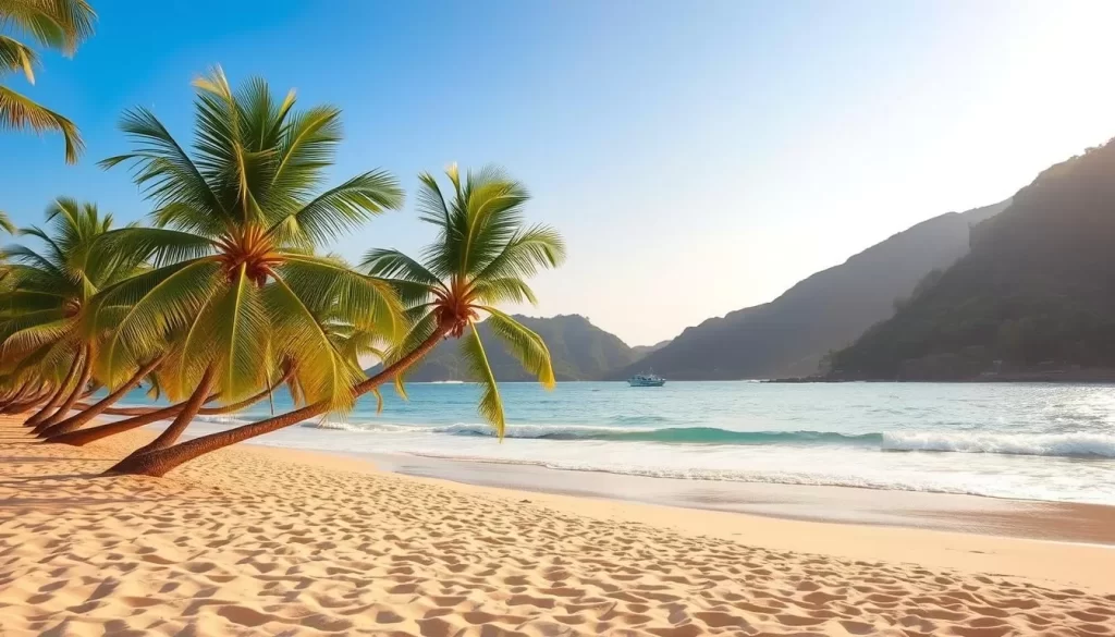 A pristine tropical beach in Hua Hin, Thailand, with soft golden sand and gently lapping waves. The sun casts a warm, golden glow over the scene, creating a serene and inviting atmosphere. In the foreground, vibrant green palm trees sway in the breeze, casting delicate shadows on the sand. The middle ground features a clear turquoise sea, with a few small boats dotting the horizon. The background showcases a picturesque coastline, with rolling hills and lush vegetation framing the view. The overall scene captures the natural beauty and tranquility of this charming seaside destination.