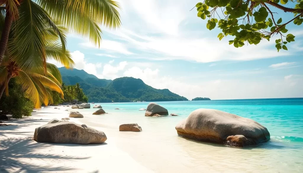 A pristine tropical beach on the Similan Islands, Thailand. In the foreground, clear turquoise waters gently lap against the fine white sand. Lush, swaying palm trees line the shore, their fronds creating dappled patterns of light and shadow. In the middle ground, large, smooth granite boulders jut out of the sand, inviting exploration. The background features verdant, jungle-covered hills rising up from the coastline, creating a serene and picturesque scene. Warm, golden sunlight filters through wispy clouds, bathing the entire landscape in a soft, natural glow. The overall mood is one of tranquility, beauty, and the perfect setting for a day of beach hopping and swimming.