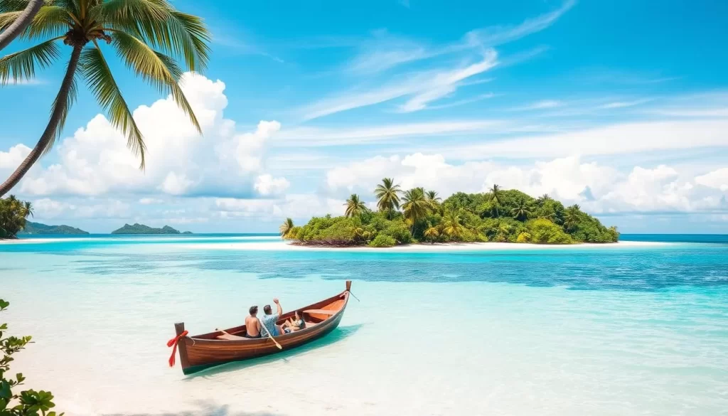 A pristine tropical island in the South China Sea, with turquoise waters lapping against pristine white-sand beaches. Swaying palm trees and lush, verdant foliage frame the scene. In the foreground, a traditional wooden boat drifts lazily, its occupants enjoying the tranquil island hopping experience. The sky is a brilliant azure, with fluffy white clouds drifting overhead, casting gentle shadows on the calm, reflective surface of the ocean. The lighting is natural and warm, creating a serene, idyllic atmosphere that captures the essence of Terengganu's island paradise.