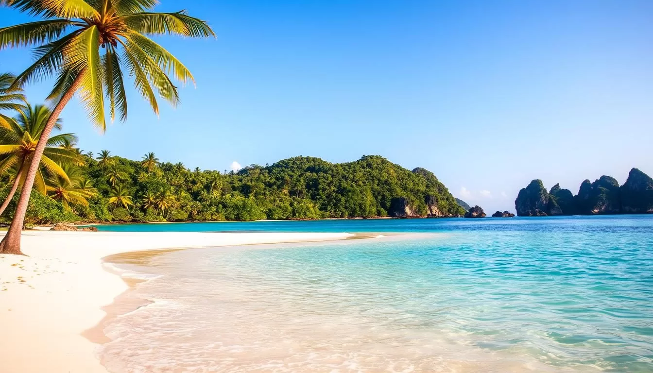 A pristine tropical paradise, Lankayan Island emerges from the turquoise waters of the Sulu Sea. In the foreground, a dazzling white sand beach stretches along the shore, lapped by gentle waves. Palm trees sway gently in the warm breeze, casting soft shadows on the secluded cove. The middle ground reveals a lush, verdant jungle canopy, teeming with vibrant flora and fauna. In the distance, the horizon is dotted with picturesque rocky outcroppings, their jagged silhouettes reflected in the calm, mirror-like surface of the sea. Warm, golden sunlight bathes the scene, creating a serene, idyllic atmosphere. This is a paradise island, a true tropical oasis waiting to be explored.