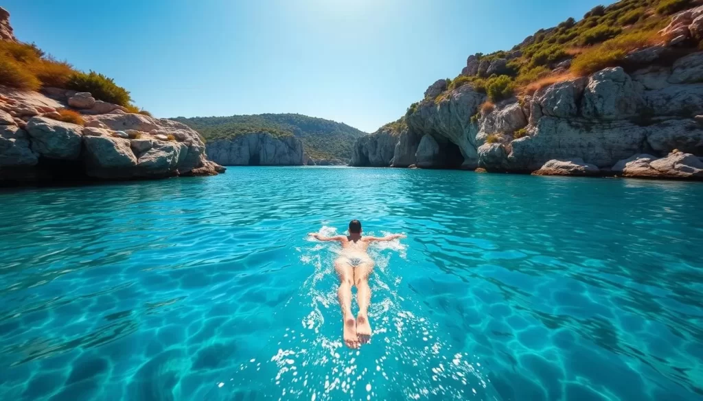 A pristine turquoise sea laps against the picturesque rocky shores of Kekova Island, Turkey. A lone swimmer gracefully glides through the crystal-clear waters, surrounded by the tranquil beauty of the Mediterranean landscape. Sunlight dances on the surface, creating a shimmering, almost ethereal effect. The swimmer's smooth movements accentuate the serene, idyllic atmosphere. In the distance, the rugged cliffs and lush, verdant vegetation create a stunning, natural backdrop. The overall scene evokes a sense of peace, rejuvenation, and a deep appreciation for the natural wonders of this enchanting island.