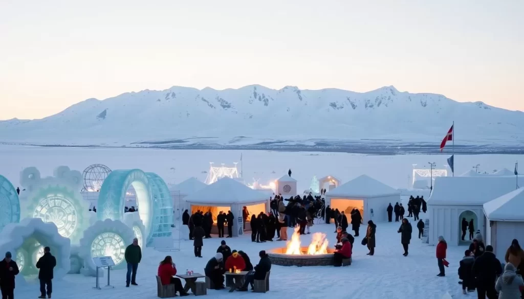 A pristine winter wonderland in Nuuk, Greenland, where the Nuuk Snow Festival celebrates the season's beauty. In the foreground, intricate ice sculptures and snow-covered structures glisten under a crisp, clear sky. The middle ground features a bustling scene, with locals and visitors gathered around fire pits, sipping warm beverages and admiring the stunning ice art. In the background, the iconic Sermitsiaq mountain range stands tall, its peaks dusted with a fresh layer of snow, creating a serene and atmospheric backdrop. Soft, warm lighting illuminates the festivities, casting a cozy and inviting glow over the entire scene. The image conveys the joy and wonder of embracing the darkness of winter through the festival's celebration of light, art, and community.
