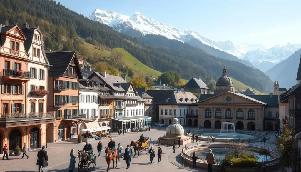 A quaint Austrian alpine town nestled in a verdant valley, Bad Gastein's historical scene showcases its iconic 19th-century Baroque architecture. Stately hotels and charming townhouses line the streets, their ornate facades bathed in soft, warm sunlight. In the foreground, horse-drawn carriages and well-dressed promenaders add a sense of timeless elegance. The middle ground features the town's famous thermal springs and historic spa buildings, their intricate details and domes reflecting in the calm waters. Framing the scene, the majestic snow-capped peaks of the Hohe Tauern mountains rise majestically, creating a picturesque and harmonious alpine panorama.