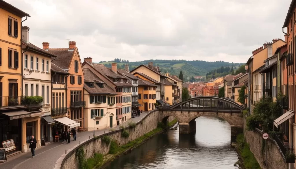 A quaint European old town nestled along a winding river, cobblestone streets lined with charming historic buildings, their warm-toned facades casting soft shadows under a gently overcast sky. In the foreground, pedestrians stroll past timeless storefronts and cafes, while in the middle ground, a small bridge arches over the tranquil waterway. The background features rolling hills and lush greenery, creating a picturesque and serene atmosphere. The overall scene conveys a sense of timeless elegance, inviting the viewer to wander and explore the timeless beauty of this enchanting old town.