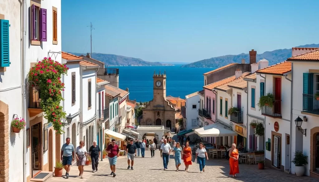 A quaint Greek and Turkish quarter on the idyllic Bozcaada Island, Turkey. Cobblestone streets lined with whitewashed buildings, colorful window shutters, and potted plants cascading from balconies. In the foreground, locals and visitors stroll leisurely, basking in the warm Mediterranean sunlight. In the middle ground, a charming town square with a historic clock tower and cafes spilling onto the streets. The background features the blue Aegean Sea and rugged hills, creating a picturesque and tranquil island atmosphere. Capture the essence of Bozcaada's cultural heritage and picturesque charm with this serene, high-resolution image.