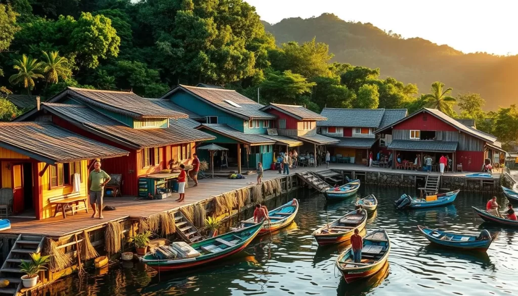 A quaint fishing village nestled in the lush greenery of Koh Chang island, Thailand. Vibrant wooden houses with thatched roofs line the winding streets, their colorful facades reflecting in the calm waters of the nearby bay. Locals go about their daily routines, mending nets, selling fresh catch at the bustling market, and welcoming visitors with warm smiles. The sun casts a golden glow over the scene, illuminating the intricate details of the traditional architecture and the bustling activity of the community. A picturesque snapshot of the island's rich cultural heritage and tranquil island life.