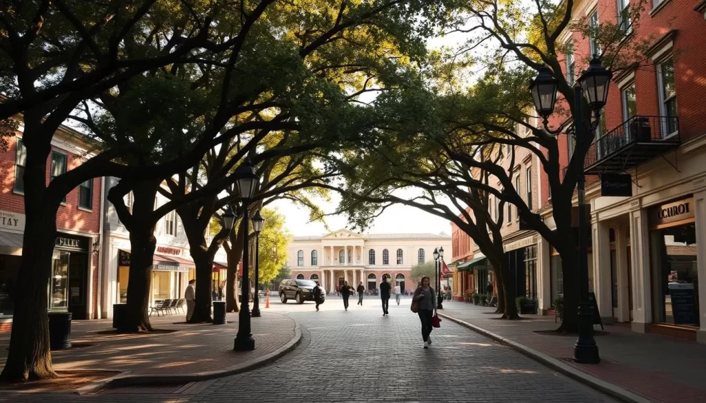 A quaint historic district on a sunny day, with charming buildings lining the streets. Cobblestone paths wind through the area, leading to a central town square framed by well-preserved 19th-century architecture. Lush oak trees cast gentle shadows over the scene, creating a serene and inviting atmosphere. Pedestrians stroll leisurely, admiring the historic storefronts and antique streetlamps. The warm, golden light of the afternoon sun bathes the district in a nostalgic glow, evoking a sense of timeless elegance and small-town character.