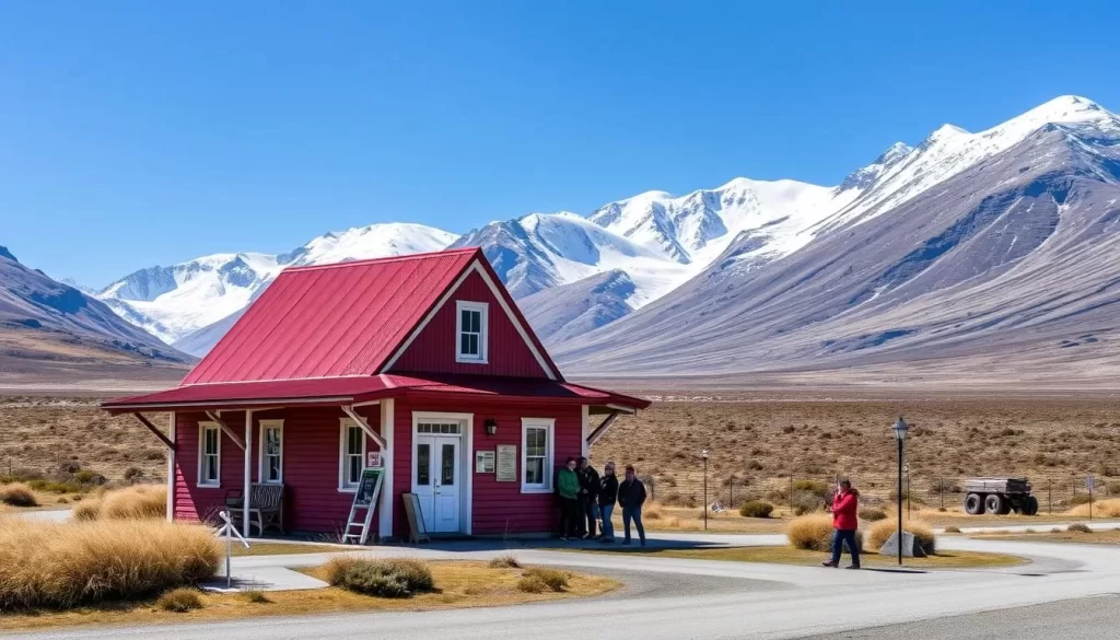 A quaint, historic post office nestled in the rugged, windswept landscape of Tierra del Fuego, Argentina. The building features a classic red-and-white color scheme, with a peaked roof and charming architectural details. In the foreground, a few locals and tourists gathered outside, enjoying the crisp, sunny day. In the middle ground, snow-capped mountains loom in the distance, creating a dramatic backdrop. The image has a sense of remoteness and isolation, capturing the essence of this remote outpost at the "end of the world."