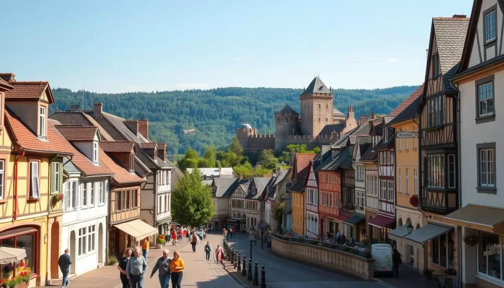 A quaint historic town nestled in the rolling hills of Luxembourg, Wiltz exudes an old-world charm. Capture the picturesque town center, with its cobblestone streets, half-timbered buildings, and colorful shop fronts lining the banks of the Wiltz River. In the foreground, people stroll casually, pausing to admire the architecture or window-shop. The middle ground features the town's iconic medieval castle, its towers and turrets silhouetted against a clear blue sky. In the background, verdant forests and distant hills create a tranquil, bucolic setting. Utilize a wide-angle lens to showcase the full scope of this historic gem, bathed in warm, golden natural light that enhances the timeless atmosphere.