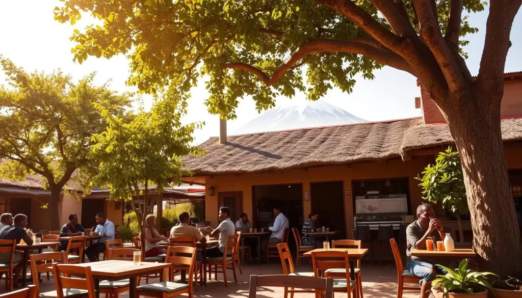 A quaint outdoor cafe in the heart of Moshi, Tanzania. The scene captures the vibrant coffee culture of the town, with patrons sipping local brews and enjoying the warm, sunny day. In the foreground, wooden tables and chairs are arranged under the shade of lush, verdant trees. The middle ground showcases the cafe's rustic, yet charming architecture, with its thatched roof and simple, earthy tones. In the background, the iconic Mount Kilimanjaro looms majestically, its snow-capped peak creating a stunning backdrop. The lighting is soft and natural, casting a golden glow over the entire scene. The overall atmosphere is one of relaxation, community, and appreciation for the local flavors and natural beauty of Moshi.