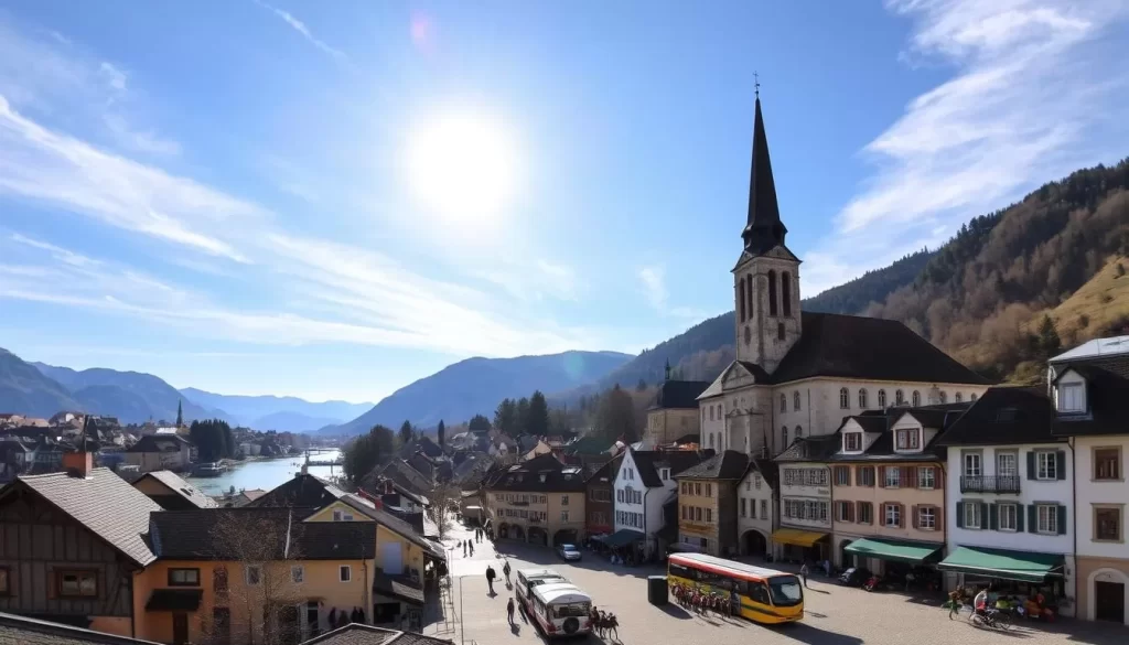 A quaint, picturesque town nestled in the rolling hills of Upper Austria, Steyr is a hidden gem waiting to be discovered. Capture the charm of its cobblestone streets, lined with colorful facades and punctuated by the imposing silhouette of the Stadtpfarrkirche church. In the foreground, showcased against a bright, sun-dappled sky, are the historic townhouses and bustling market square, teeming with locals and visitors alike. The middle ground reveals the meandering Steyr River, its gentle waters reflecting the surrounding architecture. In the distance, the rugged, forested slopes of the Enns Mountains provide a majestic backdrop, completing the picturesque scene. Render this enchanting landscape with a sense of warmth and tranquility, inviting the viewer to step into the heart of this captivating Upper Austrian town.