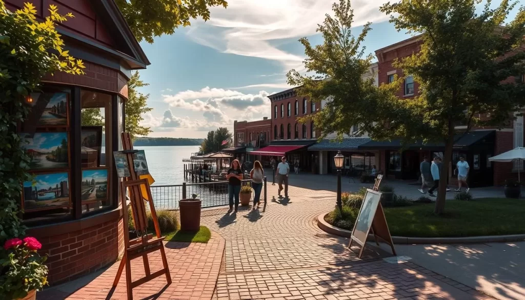 A quaint riverside art gallery in Bellevue, Iowa, on a pleasant summer day. In the foreground, an artist's easel stands before a picturesque scene of the Mississippi River, framed by lush foliage. Vibrant paintings hang in the gallery's windows, inviting passersby to step inside and explore the local art scene. The mid-ground features a cobblestone path leading to the gallery, with a few strolling visitors taking in the sights. In the background, historic brick buildings and a charming town square create a charming, small-town ambiance, bathed in warm, golden sunlight filtering through wispy clouds.