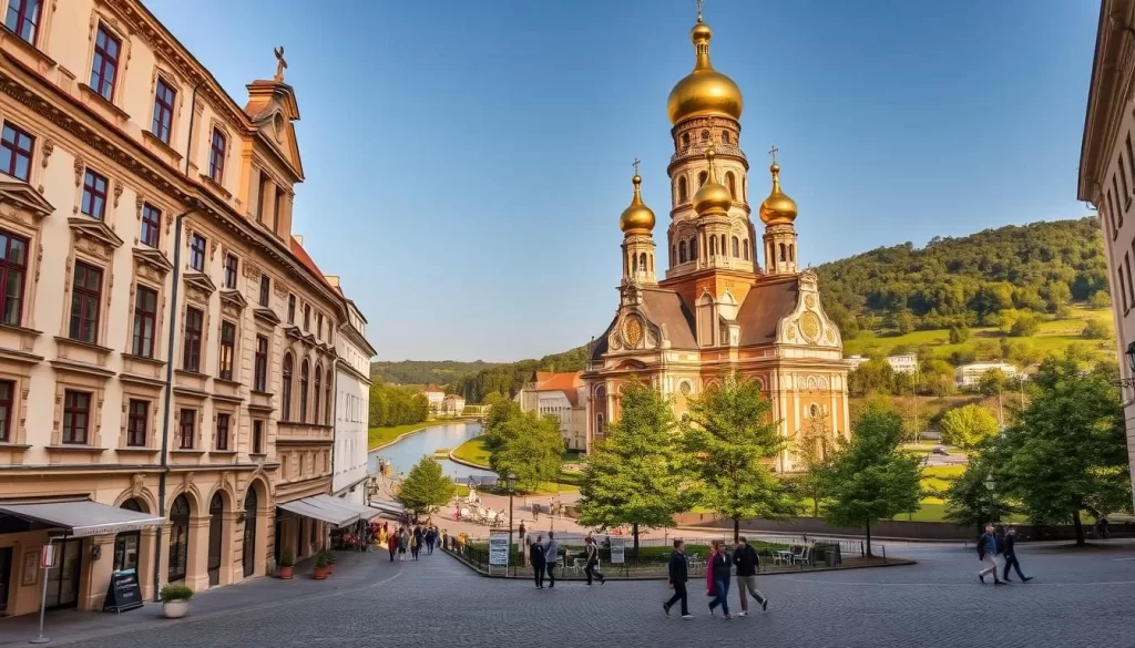 A quaint town square in Białystok, Poland, bathed in warm sunlight. In the foreground, a majestic 19th-century neo-Renaissance townhouse with ornate facades and intricate window frames. Towering over the square, a magnificent Orthodox cathedral with gleaming golden onion domes and elaborate architectural details. In the middle ground, pedestrians stroll along cobblestone streets, admiring the historical buildings and the vibrant outdoor cafes. In the background, a verdant park with lush trees and a winding river, reflecting the beauty of Białystok's unique heritage.