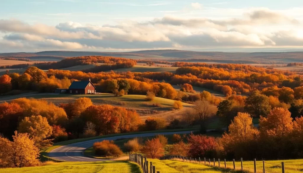 A quintessential Iowa fall landscape, with rolling hills and lush foliage bathed in warm, golden sunlight. In the foreground, a winding country road leads past a well-tended farm, its vibrant red barn and silos standing in stark contrast to the muted tones of the surrounding trees. Wispy clouds drift overhead, casting soft shadows that dance across the undulating terrain. The middle ground is a tapestry of burnished oranges, fiery reds, and deep, earthy greens, while the background fades into a hazy blue horizon, suggesting the promise of adventure and discovery. A tranquil, weather-savvy scene that captures the essence of an Iowa autumn.