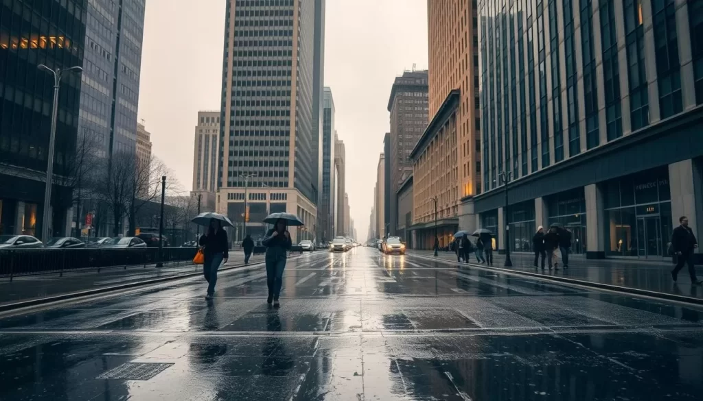 A rain-soaked street in downtown Washington, DC on a gloomy spring afternoon. Towering buildings lining the sidewalks, their glass facades reflecting the dreary sky above. Puddles scatter the pavement, capturing the muted colors of the surrounding architecture. Pedestrians hurry along, bundled in rain jackets and umbrellas, their faces obscured by the downpour. Warm, muted lighting filters through the clouds, casting a somber, atmospheric mood over the urban scene. A classic cityscape with an overcast, rainy ambiance - capturing the essence of less-than-ideal weather conditions for a trip to the nation's capital.