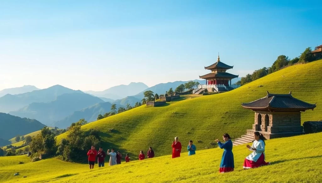 A rolling green landscape in Nantou County, Taiwan, with ancient stone structures dotting the hills. In the foreground, a group of locals engaged in traditional language practices, their vibrant costumes and expressive gestures capturing the rich cultural heritage. In the middle ground, a Buddhist temple stands tall, its ornate architecture reflecting the region's diverse religious influences. The background features majestic mountains and a clear blue sky, illuminated by warm, golden sunlight. The scene evokes a sense of timelessness, where the past and present coexist in harmony, showcasing the multilingual tapestry that defines Nantou County's identity.