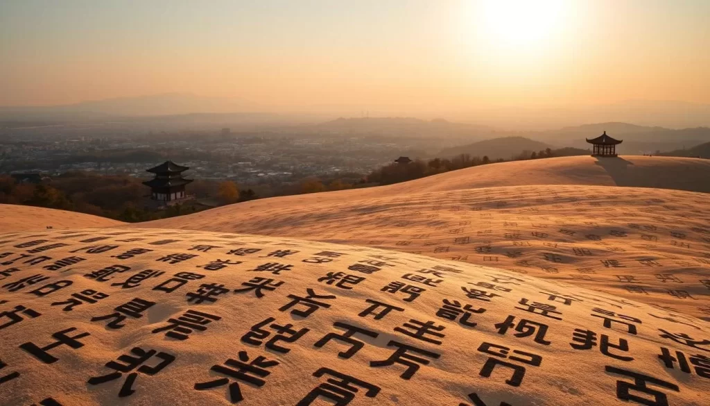 A rolling landscape of ancient Korean script, flowing across a panoramic vista. In the foreground, intricate hangeul characters dance in the warm sunlight, their strokes and curves elegantly etched into the earth. The middle ground reveals a tapestry of traditional architecture, pagodas, and pavilions, reflecting the evolution of the written language. The distant horizon is bathed in a golden glow, hinting at the rich history and cultural heritage that has shaped the Korean tongue over centuries. A 50mm lens captures this scene with a shallow depth of field, focusing the viewer's attention on the captivating calligraphic forms in the foreground.