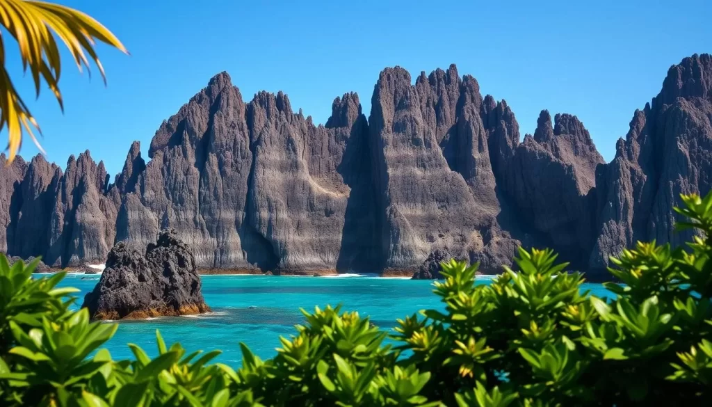 A rugged coastline of Sibu Island, Malaysia, with towering volcanic rock formations emerging from the turquoise waters. Majestic gray basalt columns and jagged cliffs rise dramatically against a clear blue sky, casting dramatic shadows. The scene is bathed in warm, natural lighting, accentuating the textural details of the weathered rock. In the foreground, lush tropical foliage frames the view, creating a sense of depth and lush natural beauty. The overall mood is one of awe-inspiring, unspoiled wilderness, inviting the viewer to explore the island's captivating geological wonders.