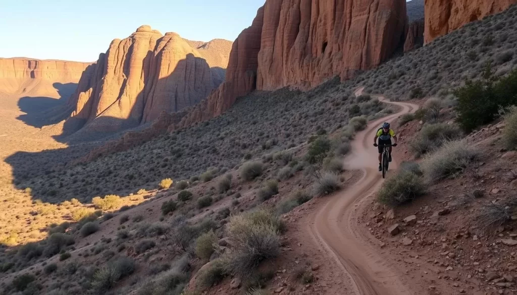 A rugged mountain biking trail winding through the arid Karoo National Park landscape. Towering sandstone cliffs and sparse vegetation frame the scene, casting long shadows under the warm, golden light of a clear afternoon. A lone cyclist navigates the twisting path, their bike kicking up dust as they expertly navigate the technical terrain. The atmosphere is one of adventure and solitude, capturing the essence of this remote, untamed corner of South Africa.