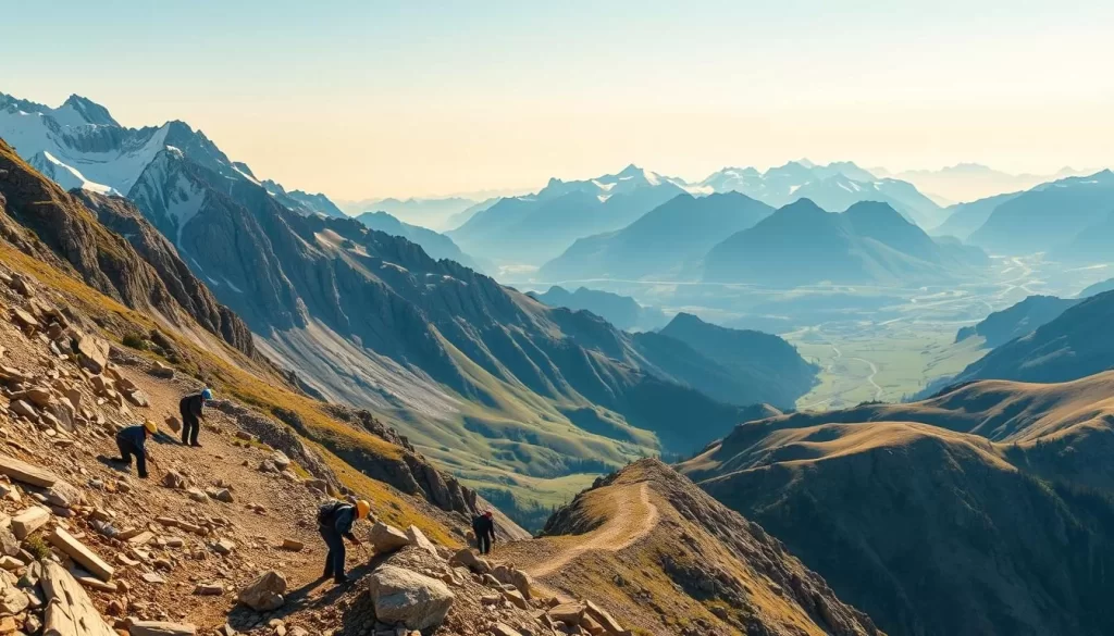 A rugged mountain landscape, the Grossglockner High Alpine Road winds its way through the Austrian Alps, its construction a testament to the determination and engineering prowess of its builders. In the foreground, workers toil with picks and shovels, carving a path through the unyielding rock, their efforts captured in a warm, golden light that filters through the crisp, clear air. In the middle ground, towering peaks and glaciers rise majestically, their snow-capped summits gleaming under a bright, cloudless sky. The background is a tapestry of verdant alpine meadows and distant, jagged ridges, creating a breathtaking panorama that showcases the natural splendor and human ingenuity that define this iconic alpine route.