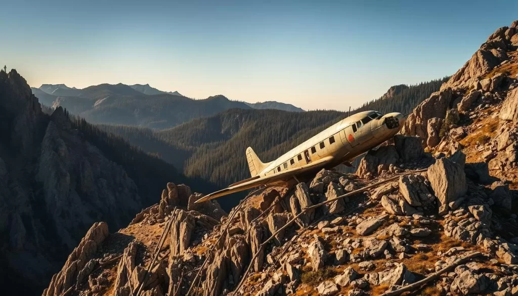 A rugged mountain landscape with a crashed vintage plane resting precariously on a rocky outcrop, its broken fuselage and twisted wings evocative of a bygone era. The scene is bathed in warm, golden sunlight, casting dramatic shadows that accentuate the crags and crevices of the surrounding terrain. In the distance, a thick forest of evergreens cloaks the slopes, hinting at the remote and untamed nature of this historical site. The overall mood is one of adventure, nostalgia, and the triumph of nature over human endeavor.
