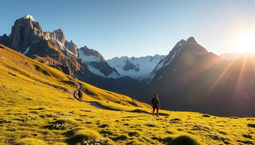 A rugged mountain trail winds through a picturesque alpine landscape in Malbun, Liechtenstein. Lush green meadows dotted with wildflowers stretch out in the foreground, leading the eye towards towering peaks capped with pristine snow. The sun casts a warm, golden glow over the scene, creating long shadows and highlighting the craggy rock formations. Hikers navigate the path, their figures silhouetted against the breathtaking backdrop of the Liechtenstein Alps. The crisp, fresh air and tranquil atmosphere evoke a sense of serene adventure, perfectly capturing the essence of this charming mountain town.