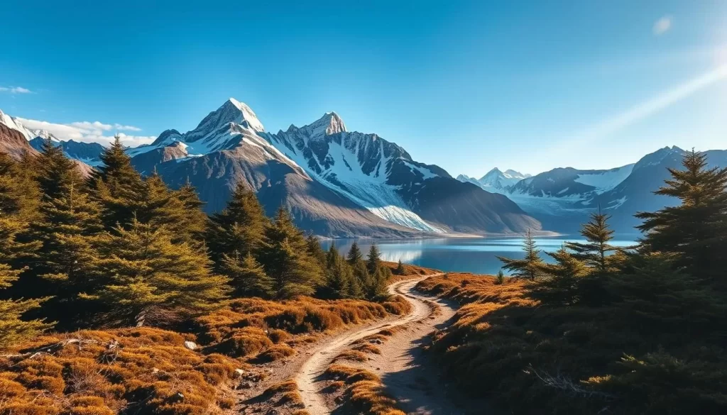 A rugged, windswept landscape at the end of the world - Tierra del Fuego Island. Towering peaks and glaciers pierce a crisp, blue sky, their jagged silhouettes reflected in a pristine alpine lake. In the foreground, a winding dirt path leads through a dense, mossy forest, inviting exploration. Rays of warm, golden sunlight filter through the canopy, casting a serene, magical glow over the scene. The serene atmosphere and dramatic natural beauty evoke a sense of awe and wonder, as if one is truly discovering the edge of the Earth.