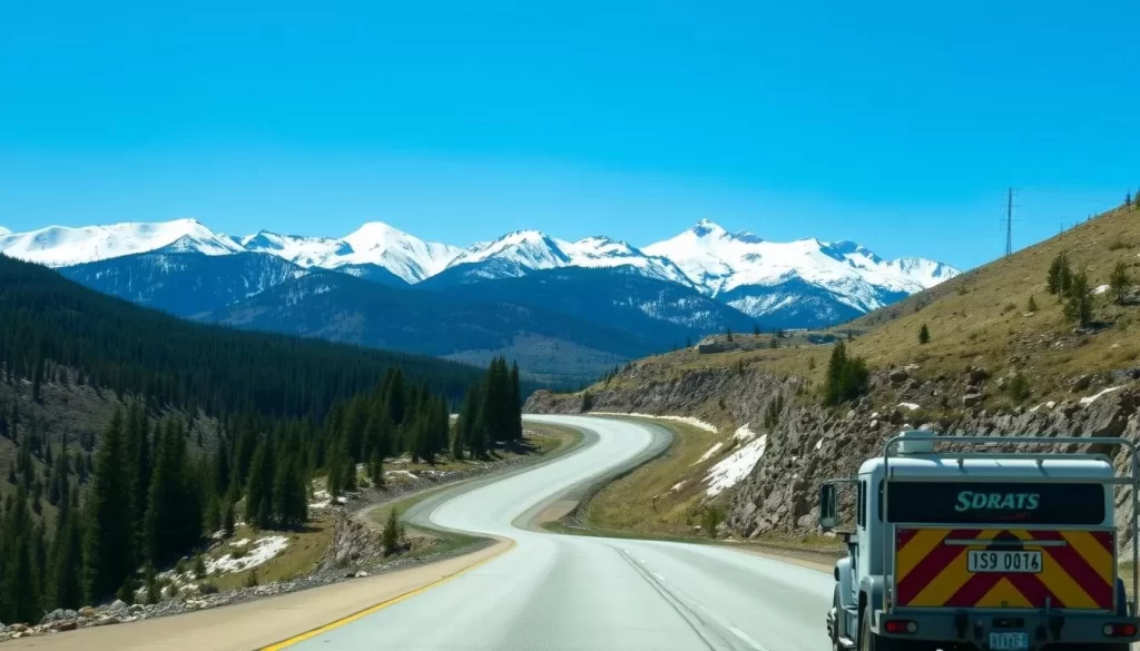 A scenic Idaho highway winding through rugged terrain, with snow-capped mountains in the background. The road is flanked by lush pine forests and rolling hills, under a bright, clear sky. In the foreground, a well-maintained state transportation vehicle, such as a snowplow or maintenance truck, stands ready to keep the roads safe and accessible. The scene conveys a sense of the region's stunning natural beauty and the diligent efforts of Idaho's transportation infrastructure to facilitate safe and reliable travel, even in the state's dynamic seasonal conditions.