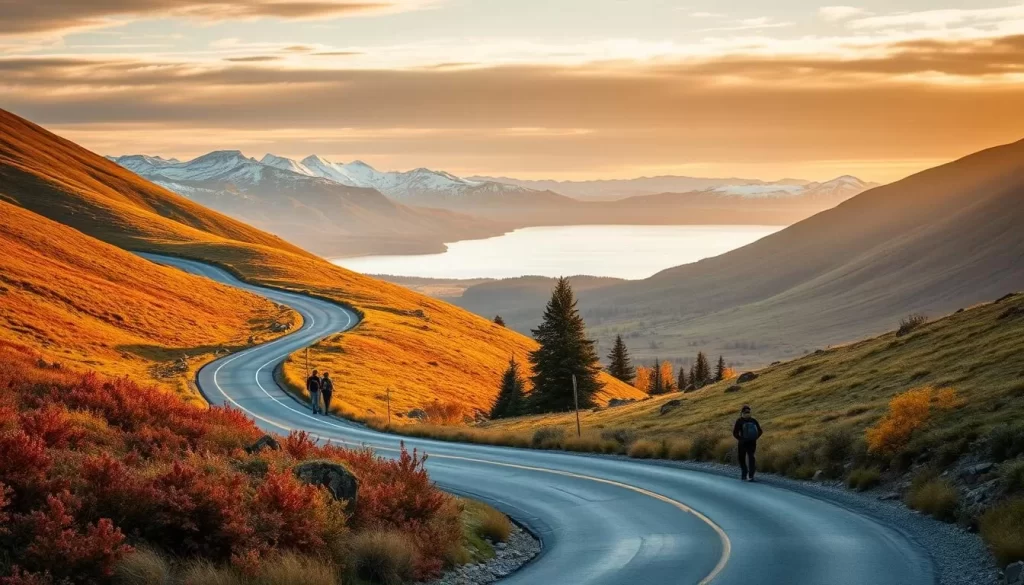 A scenic Michigan landscape in the golden hour, showcasing the state's diverse weather-savvy experiences. A winding road cuts through lush, rolling hills, with a vibrant autumn palette of reds, oranges, and yellows in the foreground. In the distance, a pristine lake reflects the warm, soft lighting, surrounded by rugged, snow-capped peaks. Hikers explore the well-maintained trails, equipped with appropriate gear for the changeable conditions. A sense of tranquility and adventure pervades the scene, inviting the viewer to immerse themselves in the beauty of Michigan's great outdoors.