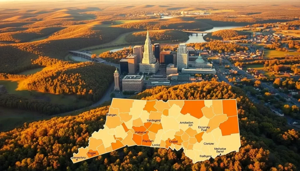 A scenic aerial view of Connecticut, with a focus on the central regions. The landscape is bathed in warm, golden sunlight, casting long shadows across rolling hills, dense forests, and the winding rivers that carve through the state. In the foreground, a detailed statistical map highlighting the English proficiency levels among non-English speakers, using a vibrant color palette to clearly convey the data. The middle ground features a bustling city skyline, with modern high-rises and historic landmarks standing in harmonious contrast. The background showcases the picturesque New England countryside, dotted with charming towns and quaint farmhouses. The overall composition conveys a sense of progress, diversity, and the rich cultural tapestry that defines Connecticut.