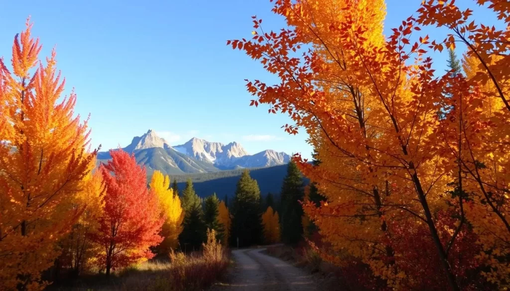 A scenic autumn landscape in Montana, featuring vibrant foliage and a tranquil mountain backdrop. The foreground showcases a lush, sun-dappled forest with a winding dirt path leading through the trees. Fiery red, golden yellow, and deep orange leaves flutter gently in the crisp, cool breeze. In the middle ground, rugged, snow-capped peaks rise majestically, their jagged silhouettes framed by a clear, azure sky. Warm, diffused lighting bathes the scene, creating a serene, inviting atmosphere. The overall composition conveys the beauty and serenity of fall in Montana, perfectly capturing the essence of the "Fall in Montana: Colors and Comfort" section.