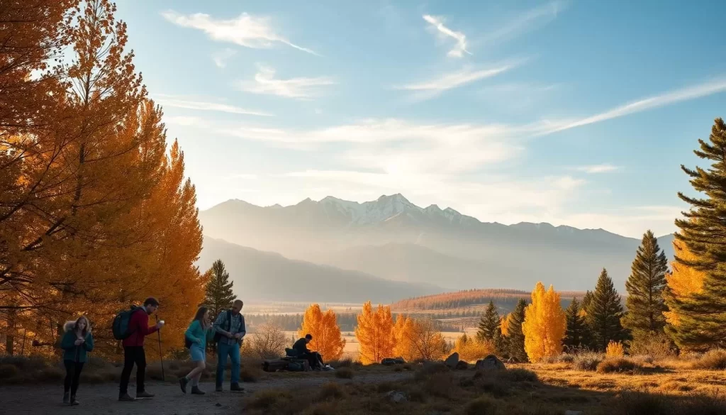 A scenic autumn landscape in Nevada, USA. In the foreground, a family engages in classic fall activities - hiking through a serene forest, roasting marshmallows over a campfire, and gathering colorful leaves. The middle ground features a picturesque mountain range, its peaks dusted with a light layer of snow. The sky is a soft, hazy blue, with wispy clouds drifting overhead. Warm, diffused sunlight filters through the changing foliage, casting a golden glow over the entire scene. The atmosphere is cozy, peaceful, and inviting - a perfect representation of the best months to experience the natural beauty of Nevada during the fall season.
