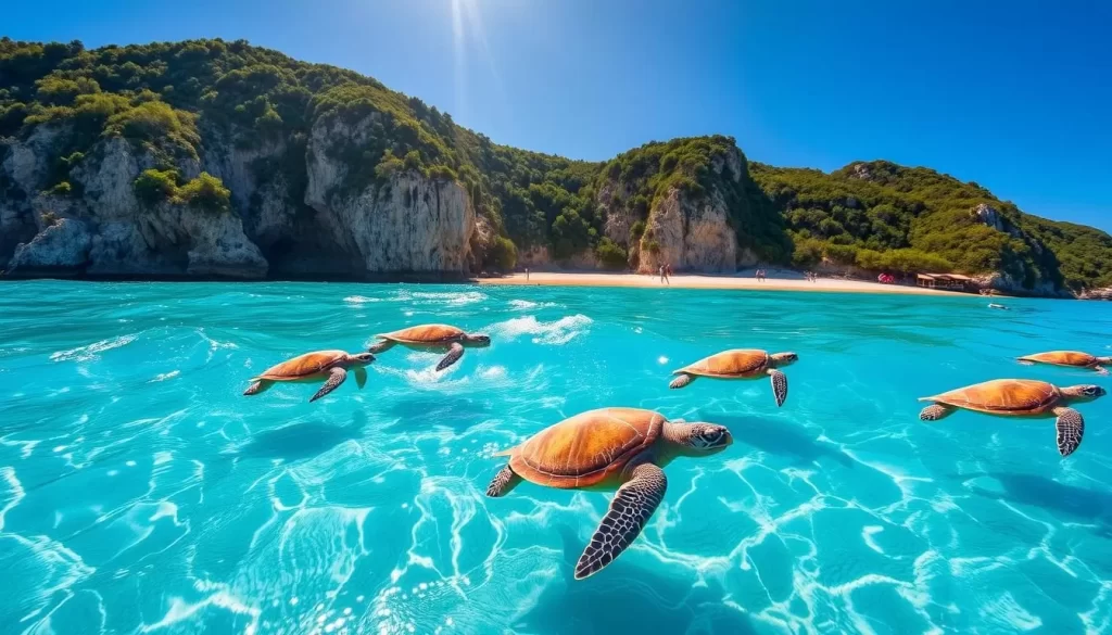 A scenic beach at Orak Adas Island, Turkey, with a group of majestic Caretta caretta sea turtles leisurely swimming in the crystal-clear turquoise waters. The sun's warm rays illuminate the turtles' intricate shell patterns as they gracefully glide through the gentle waves. In the background, lush, verdant cliffs frame the idyllic coastal landscape, creating a serene and tranquil atmosphere. Capture the beauty and wonder of this natural haven, where these remarkable creatures thrive in their unspoiled habitat.