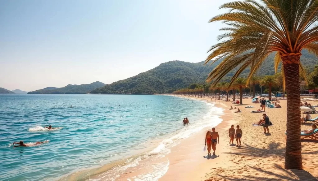 A scenic beachscape on the tranquil Sedir Island, Turkey. Warm sunlight glints off the sparkling turquoise waters of Cleopatra Beach, framed by lush, verdant hills in the distance. Soft, golden sand invites visitors to lounge and soak up the Mediterranean sun. Palm trees sway gently in the light breeze, casting dappled shadows across the relaxed sunbathers. In the foreground, people stroll along the water's edge, while swimmers gracefully glide through the calm, crystal-clear waves. The overall atmosphere exudes a sense of serenity, inviting the viewer to imagine a tranquil, rejuvenating day spent in this idyllic coastal setting.