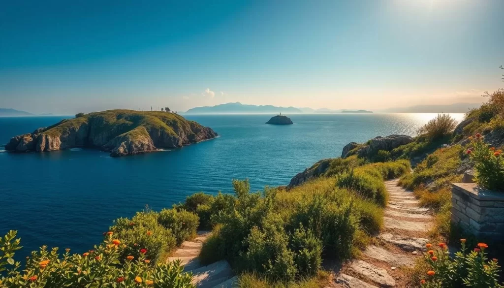 A scenic coastal landscape along the Black Sea in Turkey. In the foreground, a winding path leads through lush, verdant foliage and colorful wildflowers. In the middle ground, rocky cliffs plunge into the deep, azure waters, their surfaces weathered by the constant caress of the waves. Beyond, the horizon is dotted with the silhouettes of distant mountains, their peaks capped with a soft, ethereal mist. The warm, golden sunlight filters through a few wispy clouds, casting a gentle glow over the entire scene. The air is crisp and refreshing, carrying the salty tang of the sea. This hidden coastal gem, bursting with natural beauty, invites the viewer to pause and immerse themselves in the tranquil splendor of Turkey's Black Sea coastline.