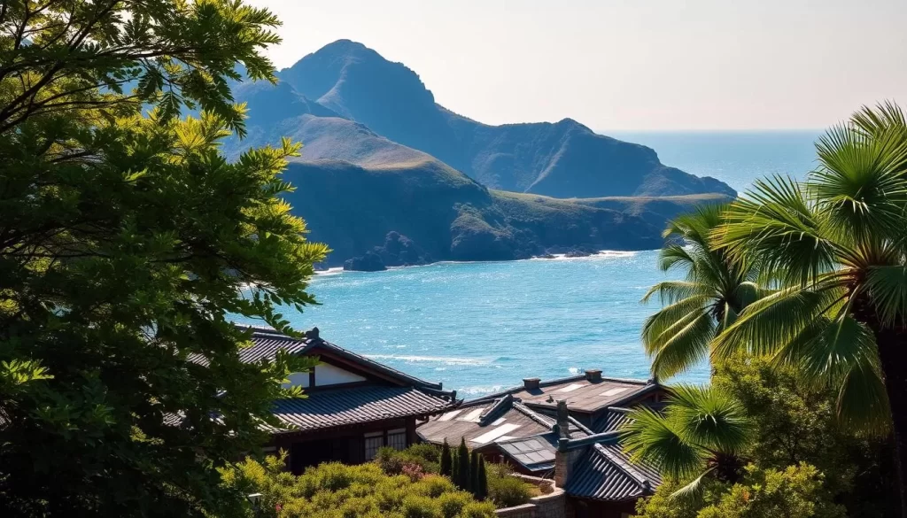 A scenic coastal landscape on Jeju Island, South Korea, showcasing the harmonious blend of traditional Korean architecture and the island's natural beauty. In the foreground, a picturesque hanok-style house with its distinctive tiled roof sits nestled among lush, verdant foliage. Towering volcanic peaks form the middle ground, their rugged slopes softened by the warm, golden light of the afternoon sun. In the distance, the sparkling azure waters of the East China Sea lap gently against the rocky shoreline, framed by gently swaying palm trees. The overall atmosphere evokes a sense of tranquility and cultural heritage, reflecting the influence of standard Korean language and traditions on the unique island of Jeju.