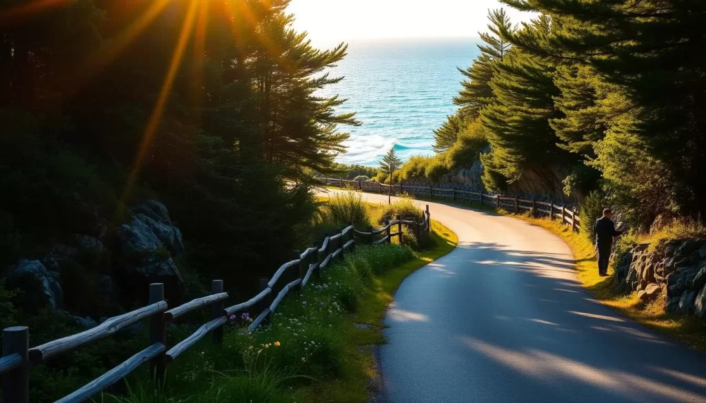 A scenic coastal road on Swan's Island, Maine, winding through lush greenery and rocky cliffs. Warm sunlight filters through the canopy of trees, casting a golden glow on the asphalt. In the distance, the sparkling azure waters of the Atlantic Ocean can be seen peeking through the foliage. Wooden fences and stone walls line the road, adding to the quaint, rural charm. A few wildflowers sway gently in the gentle breeze, completing the picturesque New England landscape. Capturing the essence of outdoor adventure and natural beauty on Swan's Island.