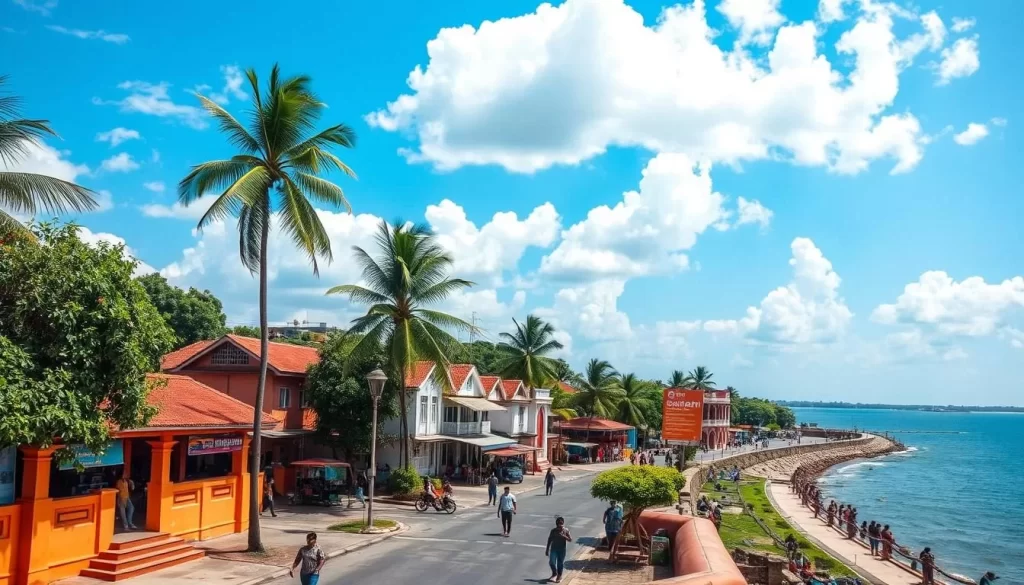 A scenic coastal town in southern India, Puducherry Union Territory, with vibrant local architecture, lush tropical foliage, and a picturesque promenade along the Bay of Bengal. Capture the bustling street life, with people strolling, local shops, and traditional Dravidian-style buildings in warm hues of ochre and terracotta. In the background, a clear blue sky with fluffy white clouds, creating a serene and tranquil atmosphere. Use a wide-angle lens to showcase the town's charming, lived-in character, and natural setting. Emphasize the harmony of Puducherry's diverse linguistic and cultural influences, reflecting its position as a melting pot of Tamil, French, and other regional traditions.