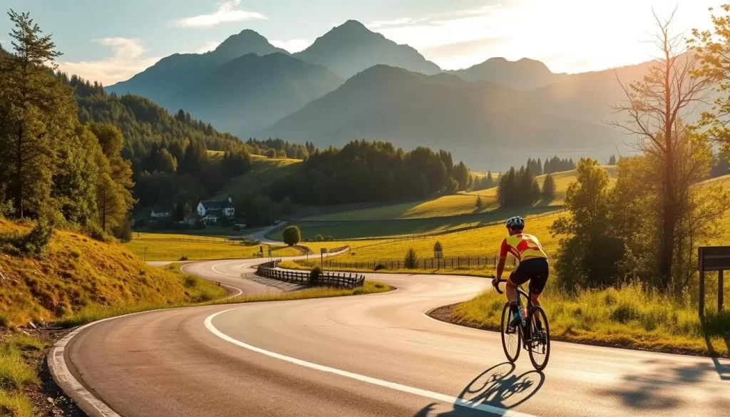A scenic countryside road winding through the rolling hills of Liechtenstein, with the majestic Gaflei mountains rising in the distance. A cyclist gracefully navigates the curves, taking in the breathtaking vistas of lush meadows, dense forests, and quaint villages. Warm afternoon sunlight filters through the trees, casting a golden glow over the serene landscape. The cyclist's vibrant jersey and sleek bicycle stand in contrast to the peaceful, natural surroundings. An idyllic scene that captures the essence of an exhilarating cycling adventure in the heart of this picturesque European nation.