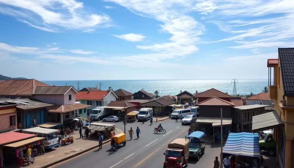 A scenic daytime view of the bustling town of Aneho, Togo. Set on the coast, the town's streets are lined with colorful buildings, bustling marketplaces, and local residents going about their daily activities. In the foreground, a wide street bustles with pedestrians, vendors, and colorful local transportation. In the middle ground, traditional Togolese architecture with distinctive roofs and facades. The background features the sparkling waters of the Gulf of Guinea and a clear, blue sky with soft, wispy clouds. Capture the vibrant energy and authentic character of this West African coastal town through a high-resolution, wide-angle lens.
