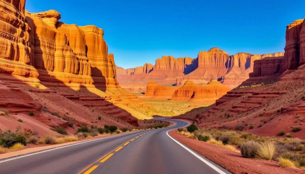 A scenic desert road winds through towering sandstone cliffs, bathed in warm afternoon sunlight. In the foreground, the smooth asphalt of Capitol Reef Scenic Drive stretches ahead, flanked by sweeping panoramas of layered rock formations in hues of red, orange, and tan. In the middle ground, rugged canyons and mesas rise up, their weathered faces casting long shadows. The distant background is dominated by the majestic peaks of the Waterpocket Fold, their jagged silhouettes cutting against a brilliant azure sky. This serene, awe-inspiring landscape conveys the grandeur and solitude of Capitol Reef National Park.