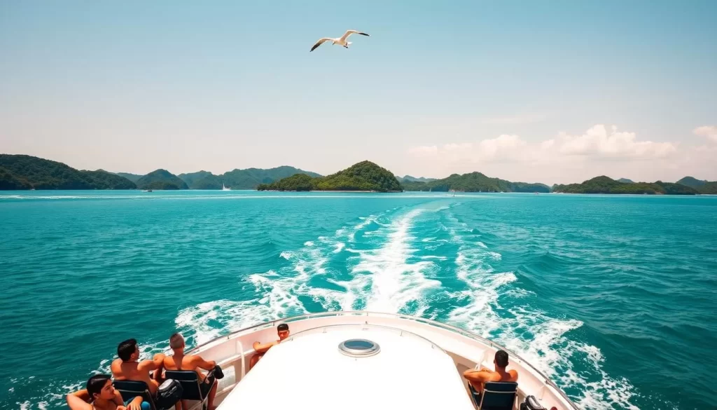 A scenic ferry crossing to Tioman Island, Malaysia on a clear, sunny day. The sleek ferry boat gracefully glides across the calm, turquoise waters of the South China Sea, surrounded by lush, verdant islands in the distance. Passengers relax on the open-air deck, taking in the salty ocean breeze and gorgeous coastal vistas. A few seagulls soar overhead, adding to the tranquil, tropical ambiance. The ferry approaches the picturesque, palm-fringed shores of Tioman, ready to ferry travelers to an island paradise.
